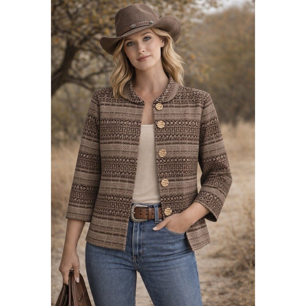 First Issue Liz Claiborne brown abstract print  big wood buttons jacket M new